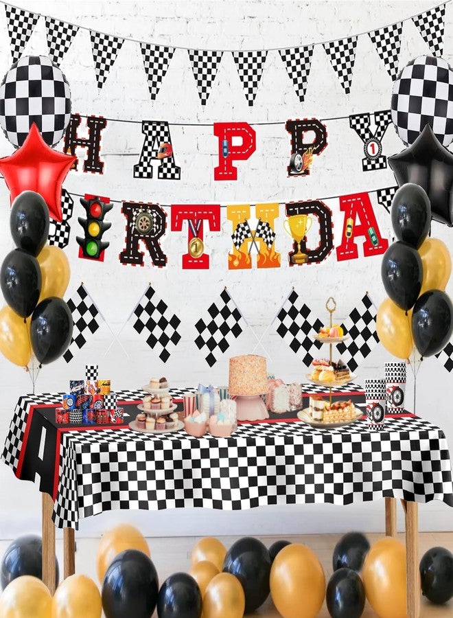 YANMIN Race Cars Birthday Party Decorations - Race Car Happy Birthday Banner, 54 x 108 Inch Racing Tablecloths, Checkered Flags for Cars Themed Party - Image 4